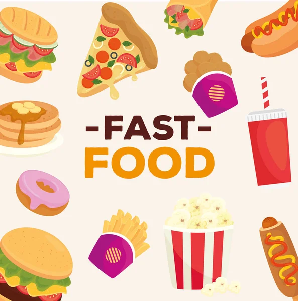 Banner com diferentes deliciosos fast food —  Vetores de Stock