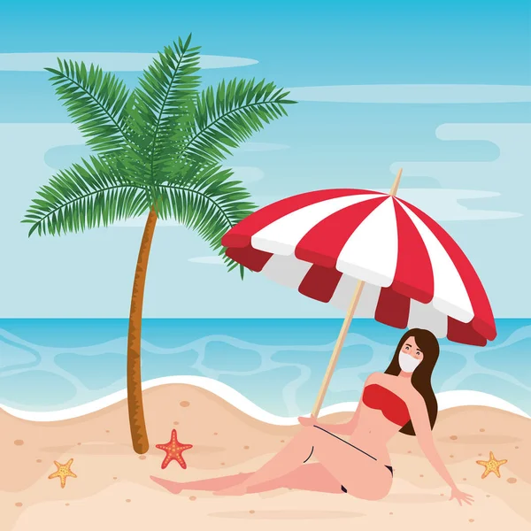Mujer con traje de baño sentado en la playa, temporada de vacaciones — Vector de stock