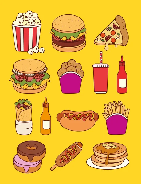 Conjunto de comida rápida, almuerzo o comida — Archivo Imágenes Vectoriales