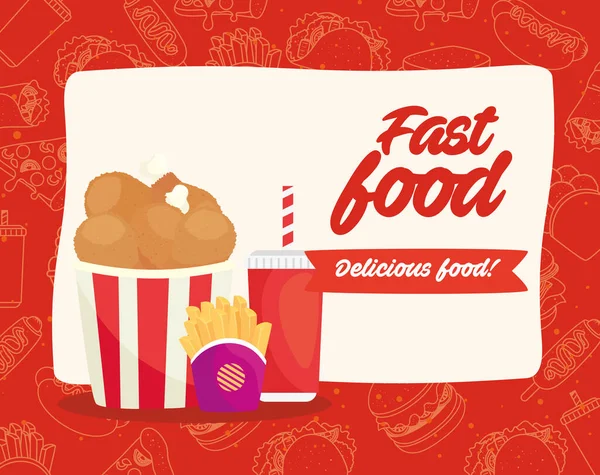 Cartaz de fast food, frango com batatas fritas e bebida em garrafa —  Vetores de Stock