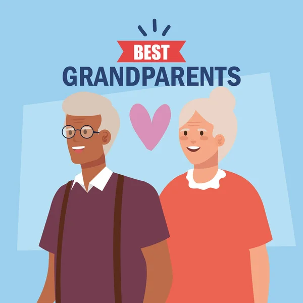 Felice giorno dei nonni con coppia di anziani carino e lettering decorazione dei migliori nonni — Vettoriale Stock