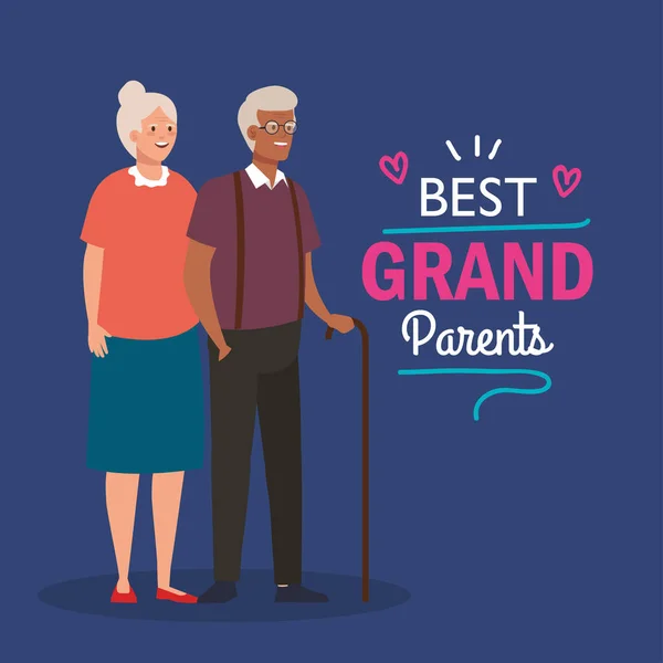 Happy grand parents day with cute older couple and lettering decoration of best grand parents — Stock Vector