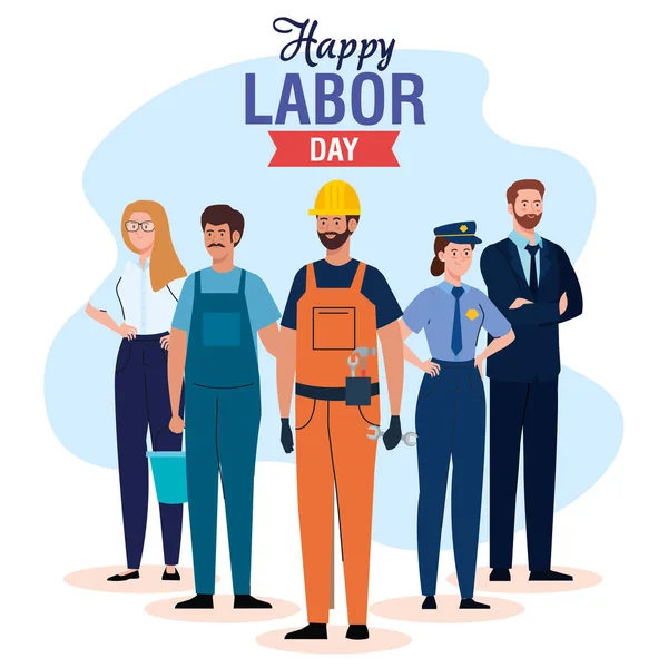 Labor day poster with people group different occupation and ribbon decoration — Stock Vector