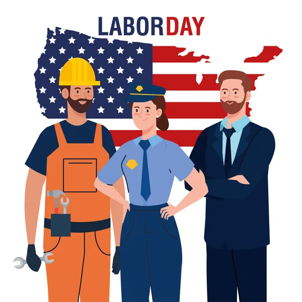 День труда плакат с людьми группы различных профессий и карта США — стоковый вектор