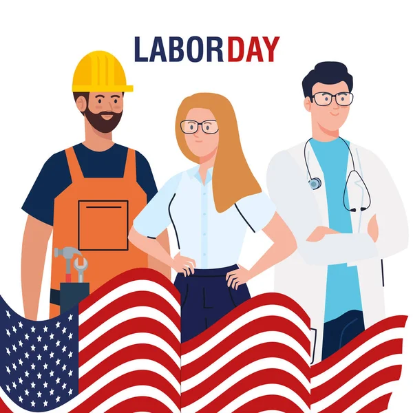 День труда плакат с людьми группы различных профессий и флаг США — стоковый вектор