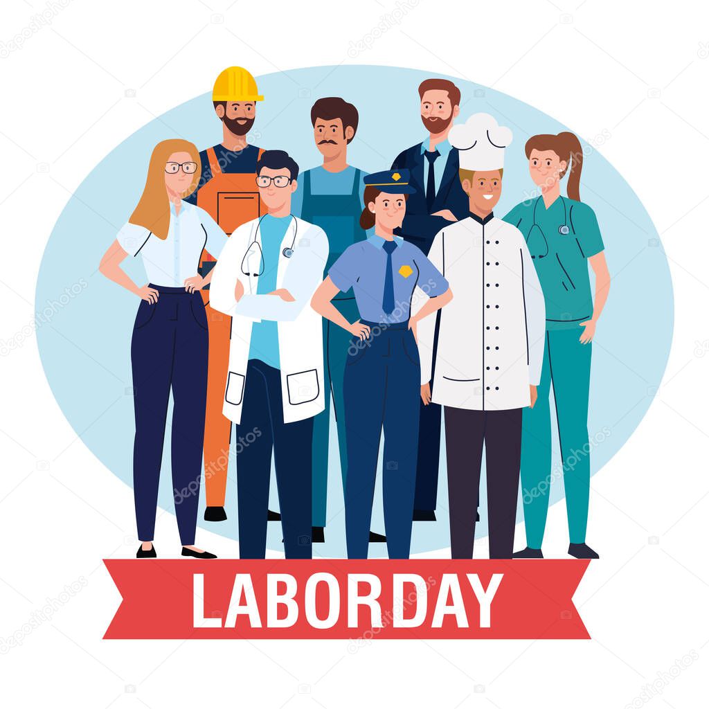 labor day poster with people group different occupation and ribbon decoration