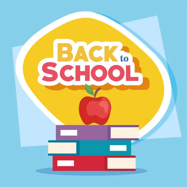 Back to school banner with pile of books and apple fruit — Stock Vector