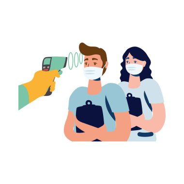 El ele tutuşan termometre silahı erkek ve kadın sıcaklık vektör tasarımı