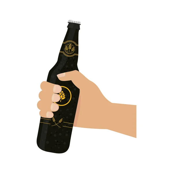 Mano celebración de cerveza negro botella vector diseño — Vector de stock