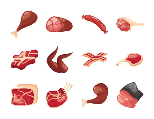 Bündel von Fleischschnitten setzen Symbole — Stockvektor