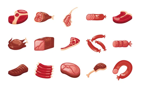 Bündel von Fleischschnitten setzen Symbole — Stockvektor
