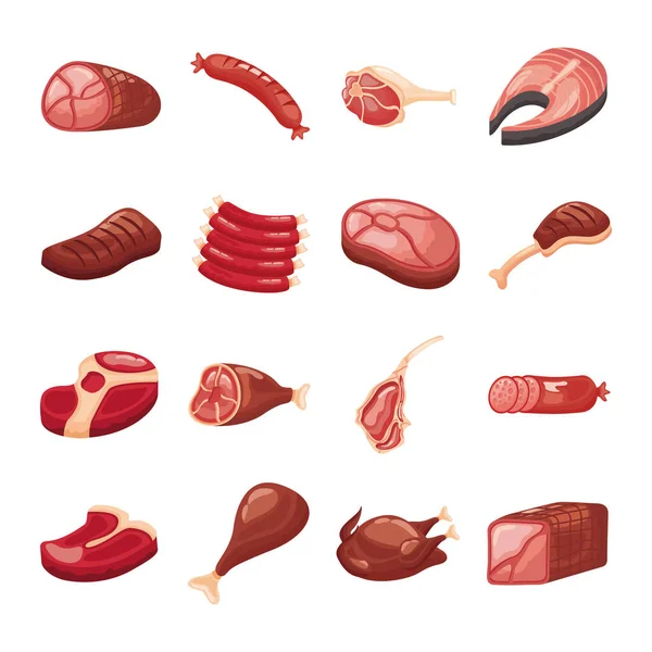 Bundle of meat cuts set icons — Stock Vector