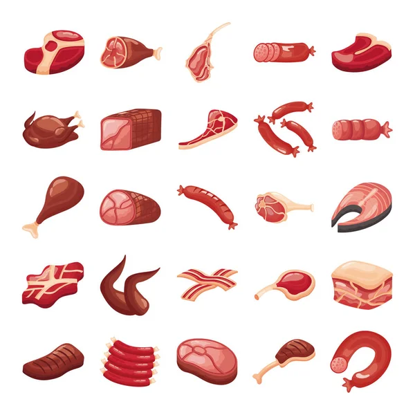 Pacchetto di carne tagli set icone — Vettoriale Stock