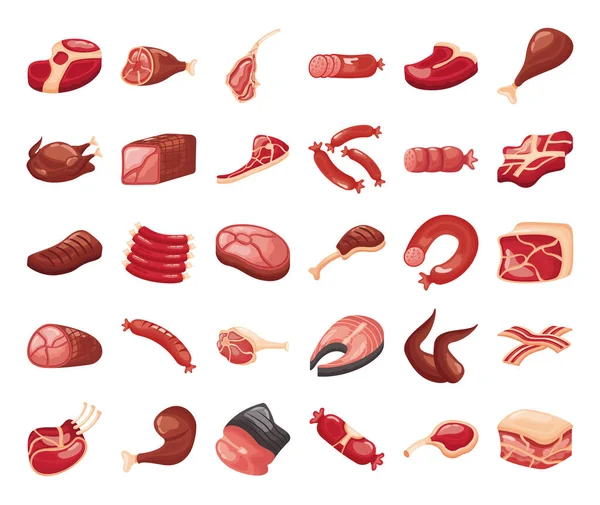 Paquete de cortes de carne establecer iconos — Vector de stock