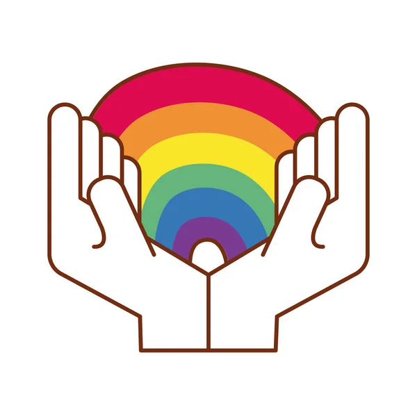 Hands lifting cute rainbow gay flag line and fill style icon — Stock Vector