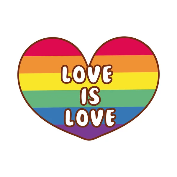 Lgbtiq bandiera comunitaria nel cuore con iscrizione linea bandiera gay e riempire l'icona di stile — Vettoriale Stock