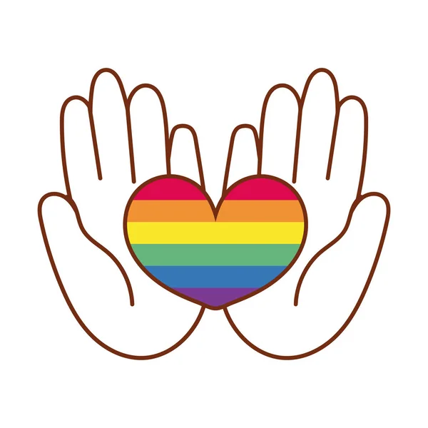 Hands lifting heart love with stripes gay flag line and fill style icon — Stock Vector