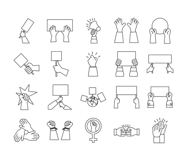 Bundle of hands protest set icons — Stock Vector