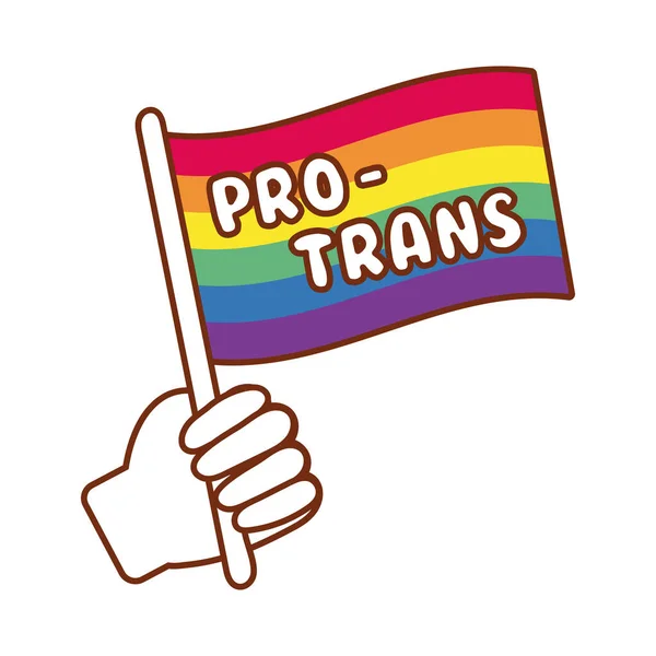 Mano con lgbtiq bandiera e pro trascrizione linea bandiera gay e riempire l'icona di stile — Vettoriale Stock