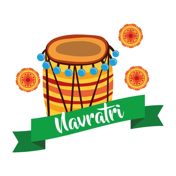 Happy navratri celebration with laces and drum decorative flat style — Stock Vector