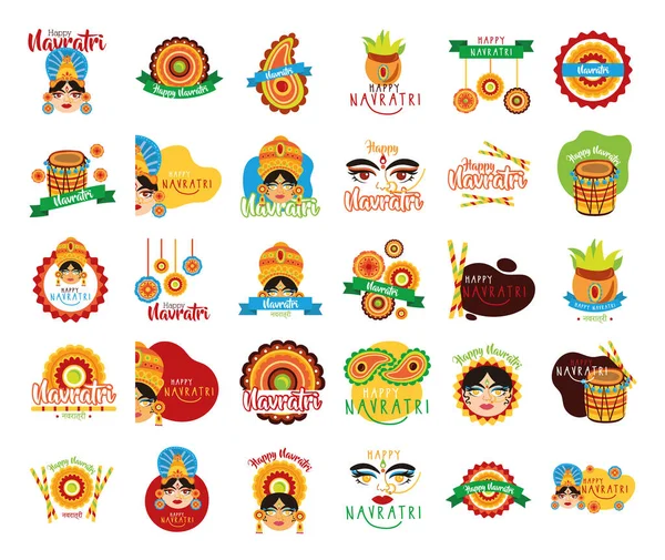 Bundle of happy navratri celebration set icons — Stock Vector