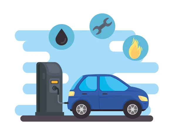 Auto sedan v čerpací stanici s nastavenými ikonami naftové palivo — Stockový vektor