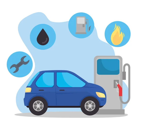 Vehicle car sedan in fuel station with set icons oil fuel — Stock Vector