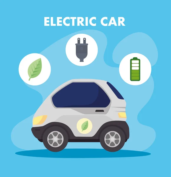 Miljövänligt koncept, elbil med ikoner för löv, plugg, batteriladdare — Stock vektor