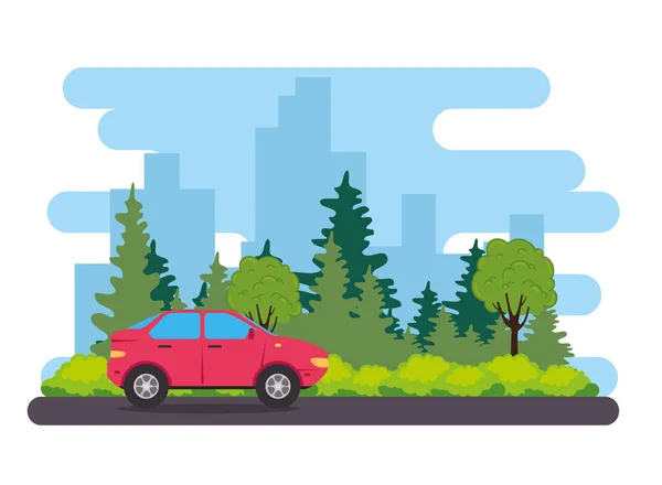 Kırmızı sedan araba yolda, ağaç bitkileriyle birlikte. — Stok Vektör