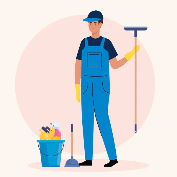 バケツと道具で人を掃除する男掃除機バケツと道具 — ストックベクタ