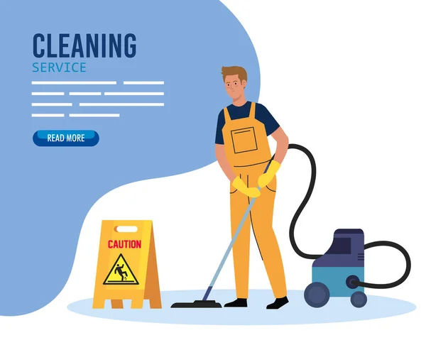 Bannière, homme nettoyeur avec aspirateur, homme concierge avec aspirateur et signalétique prudence — Image vectorielle