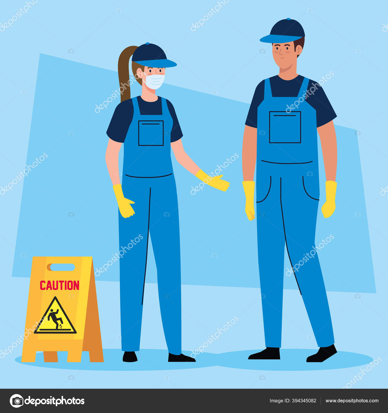 Hausmeister Team Reinigungsservice, Paar Reinigungskräfte tragen  medizinische Maske, in Uniform arbeiten mit professionellen Geräten der  Reinigung Stock-Vektorbild von ©yupiramos 394345082, image size:1600x1700