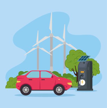 Şarj istasyonunda güneş panelleri olan elektrikli araç.