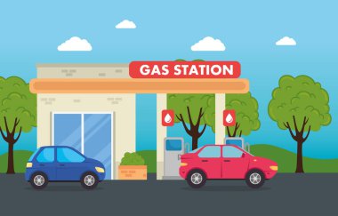 Benzin istasyonundaki arabalar, servis yapı istasyonu benzinliği.