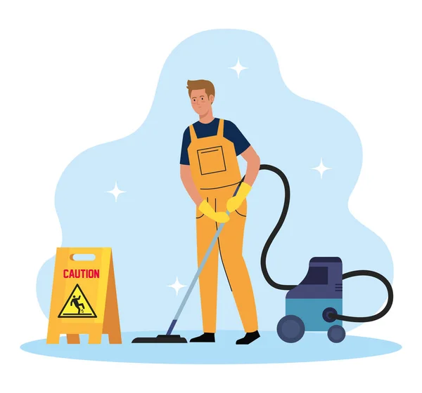 Mann Reinigungskraft mit Staubsauger, Mann Hausmeister mit Staubsauger und Beschilderung Vorsicht — Stockvektor