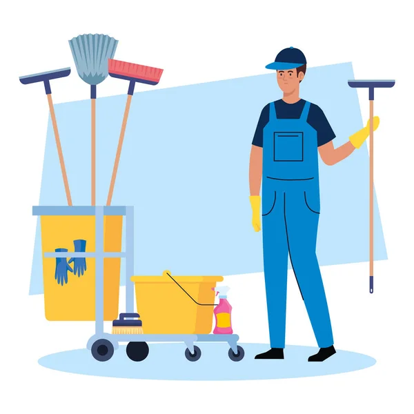 Hombre trabajador de limpieza con carro de limpieza, hombre conserje con carro de limpieza — Vector de stock