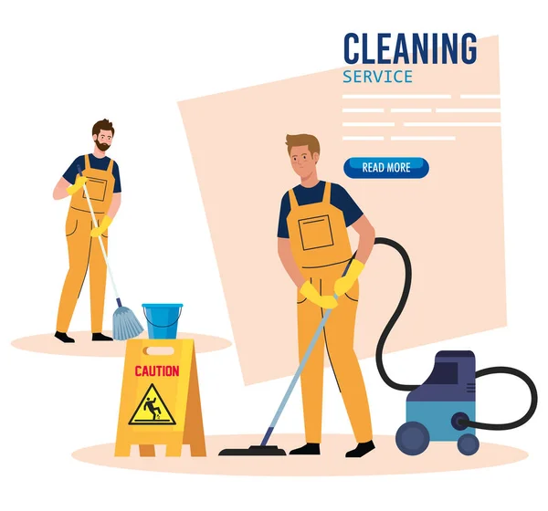 Pancarta, servicio de limpieza del equipo de conserjes, hombres limpiadores en uniforme trabajando con equipo profesional de limpiador — Vector de stock