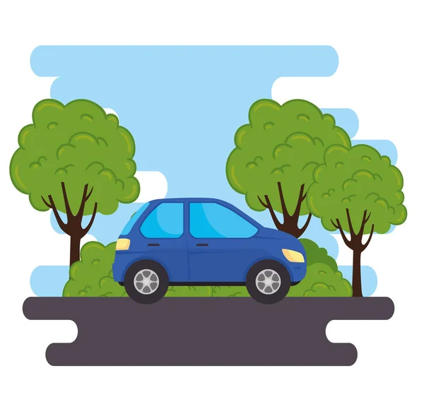 公路上的蓝色轿车，具有乔木植物的性质 — 图库矢量图片