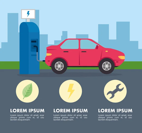 Elektrische auto in laadstation weg met pictogrammen — Stockvector