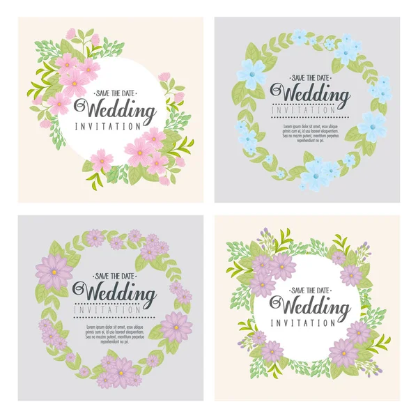 Hochzeitseinladungen mit Blumen und Blättern Vektor-Design — Stockvektor