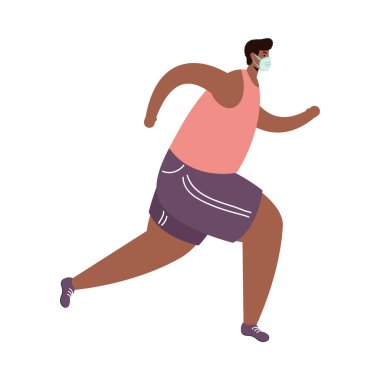 Tıbbi maske takan genç afro adam Avatar karakterini çalıştırıyor.