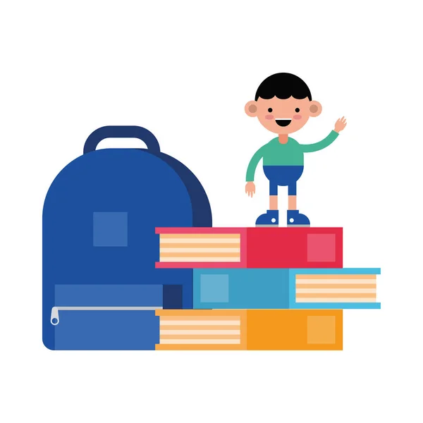 Μικρό αγόρι μαθητής με βιβλία και σχολική τσάντα κωμικό χαρακτήρα — Διανυσματικό Αρχείο
