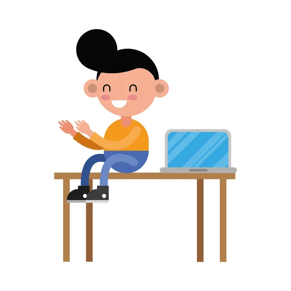 Little student boy in desk with laptop comic character — Stock Vector