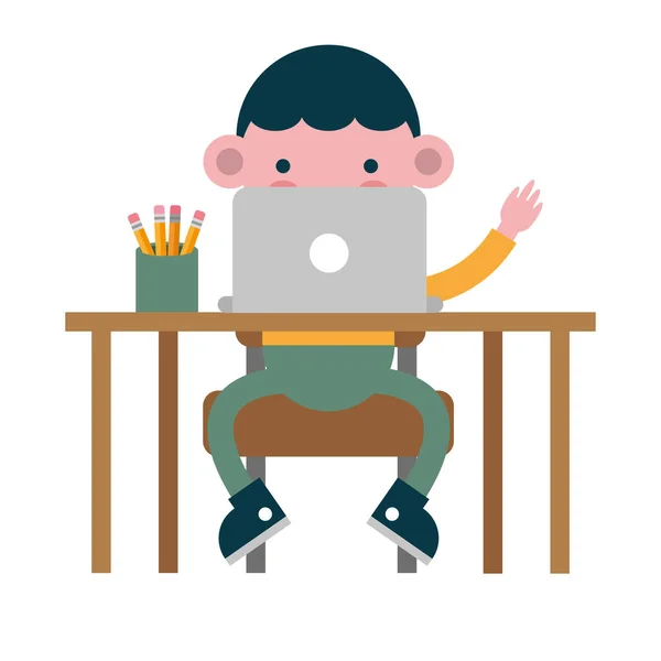 Mały student chłopiec w biurko przy użyciu laptopa postać komiczna — Wektor stockowy