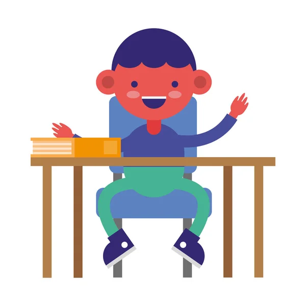 Liten student pojke i skrivbord med bok seriefigur — Stock vektor