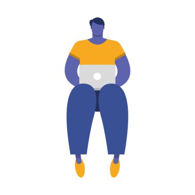 Dizüstü bilgisayar karakteri kullanan genç adam