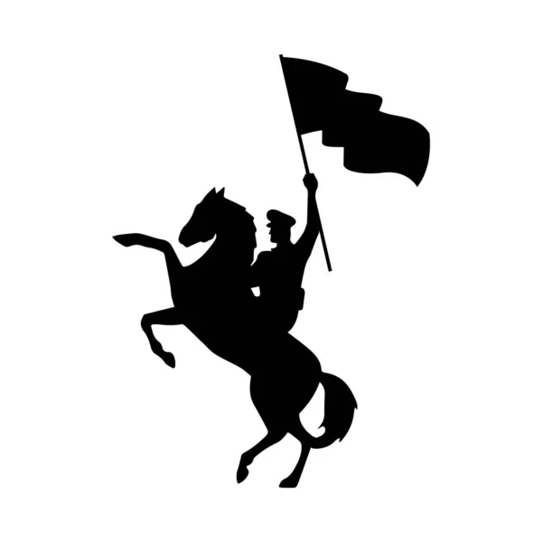 Military soldier waving flag in horse silhouette isolated icon — Stock Vector