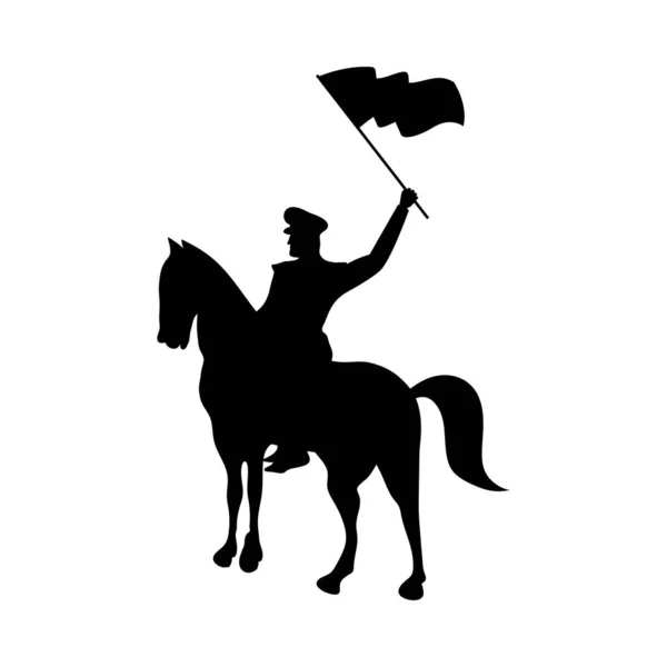 Military soldier waving flag in horse silhouette isolated icon — Stock Vector