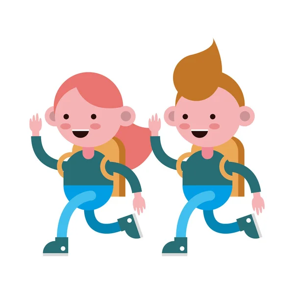 Little students couple walking comic characters — Stock Vector