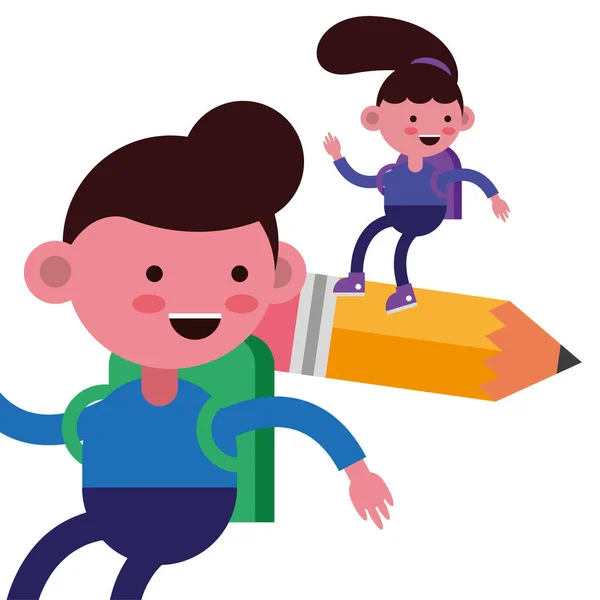 Μικρό ζευγάρι μαθητών που πετούν σε χαρακτήρες μολύβι κόμικ — Διανυσματικό Αρχείο